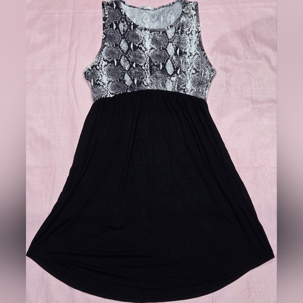 Sleeveless Dress with Snakeskin Print Bodice and Black Skirt